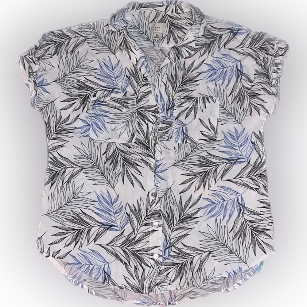 SHORT SLEEVE LEAF ART PATTERN COTTON BUTTON-DOWN SHIRT